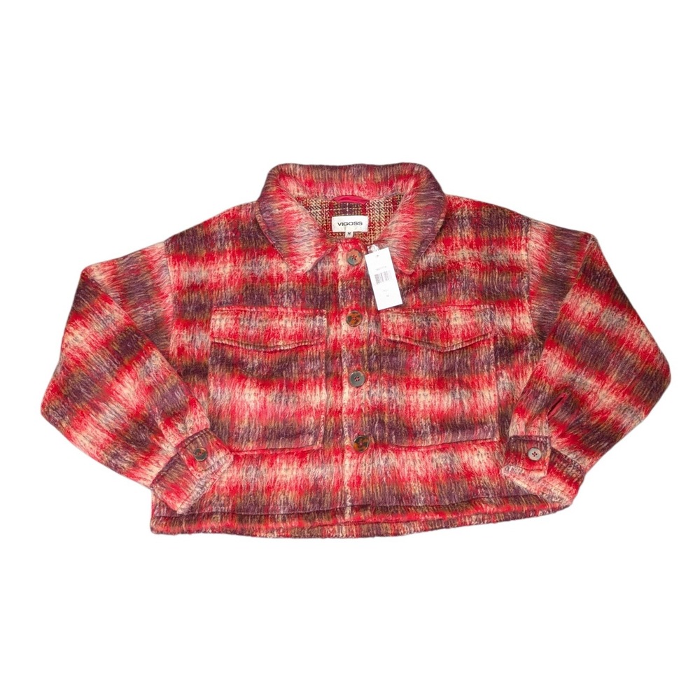 Vigoss Womens Red Plaid Fuzzy Cropped Shacket Button Up Jacket Size M NWT